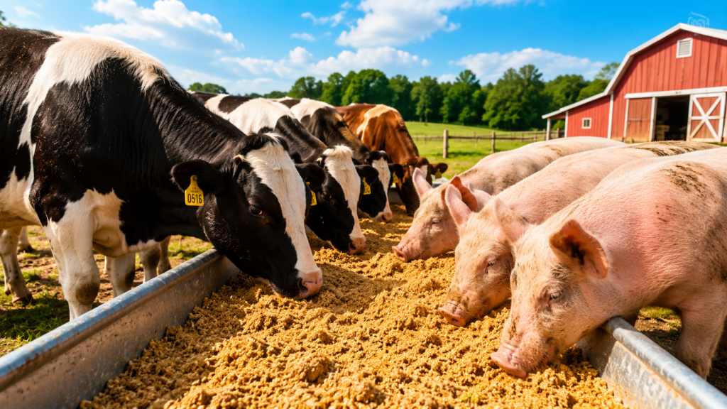 Cows and pigs consuming nutrient-rich fermented feed improved by peptone