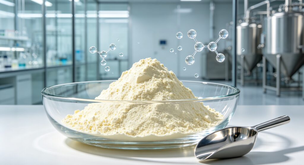 Ultra realistic industrial hydrolyzed protein powder product hero shot, fine light yellow protein powder in a transparent glass container, stainless steel scoop beside the powder, modern biotechnology manufacturing facility background, protein peptide molecular structure floating in the air, clean laboratory environment
