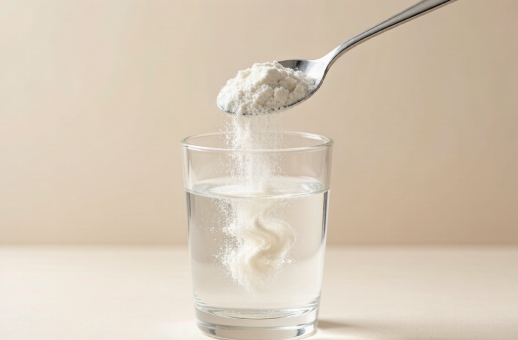Real-life scene of powder product dissolving in water with a silver spoon